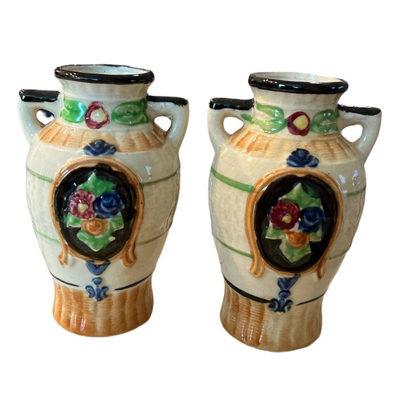 Vintage Japan Kyoto Majolica Vases 4 3/4" High x 2 1/4" Base Radius 10 3/4" Mid - Picture 1 of 6